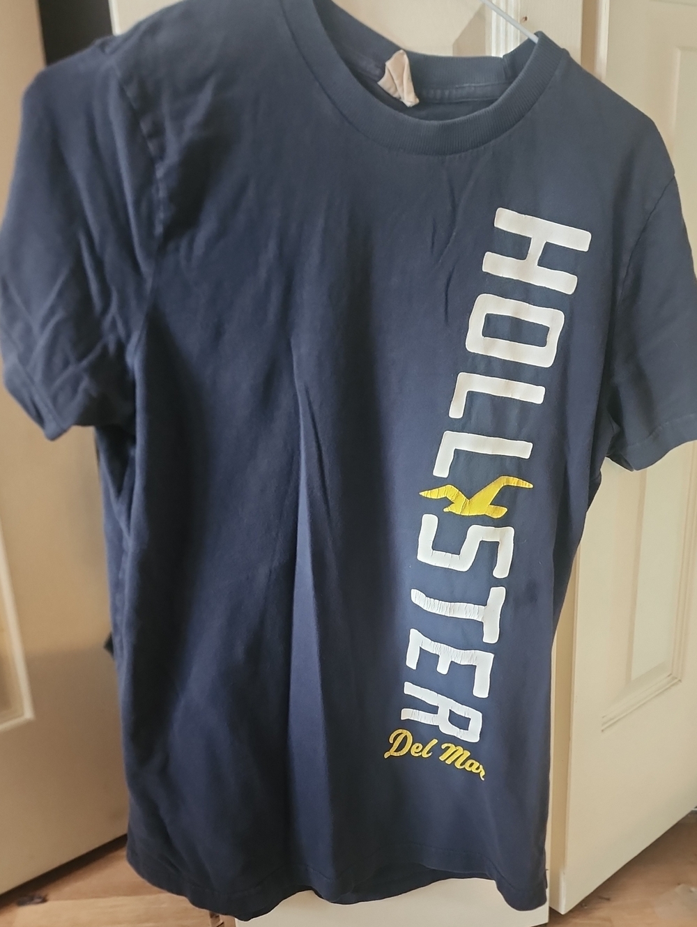 Hollister Navy Tee with White Vertical Logo and Yellow Seagull